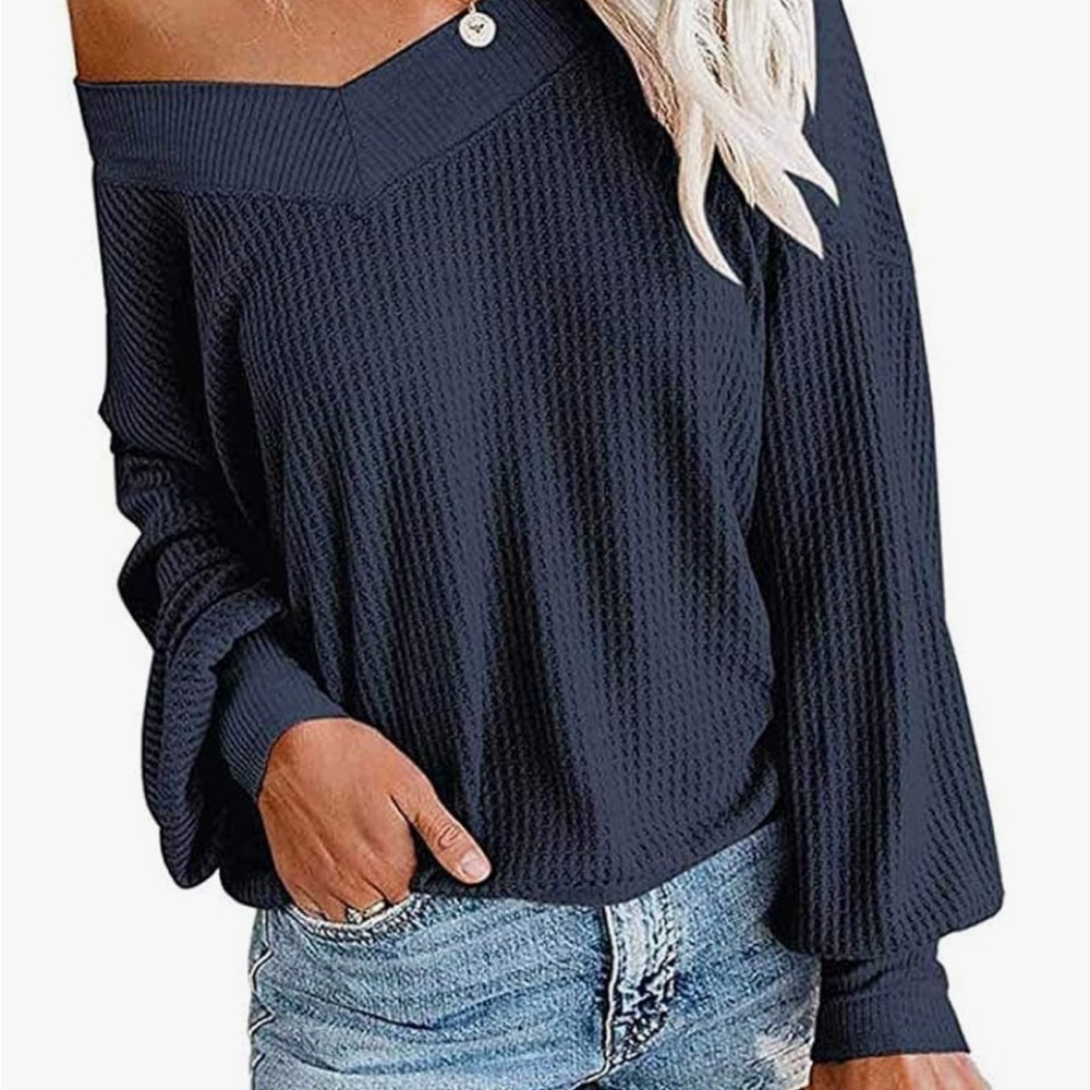 Tobrief women's oversized off-shoulder pullover top in Navy Blue - NWT